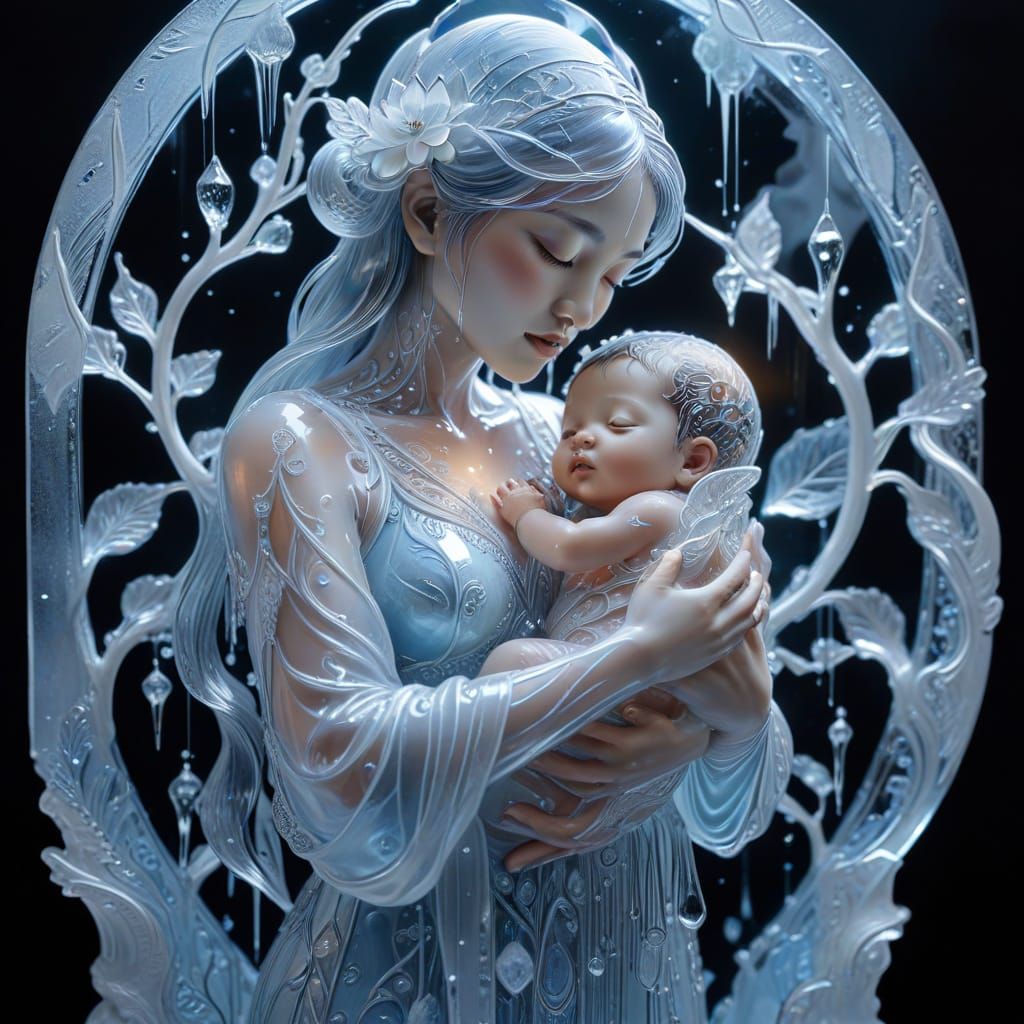 Ice Sculpture of Mother and Newborn in Ethereal Light