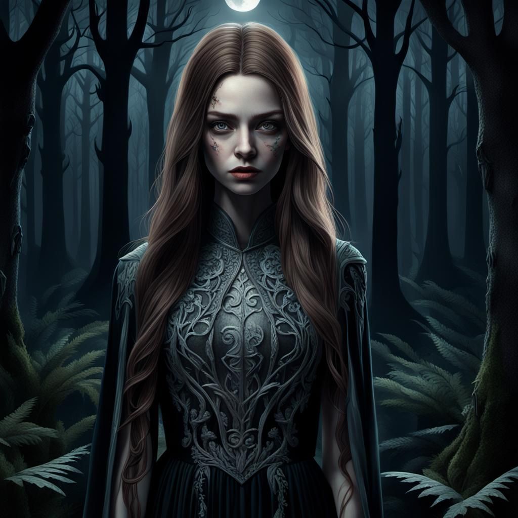 Woman in Shadowy Forest: Hyperrealist Digital Art