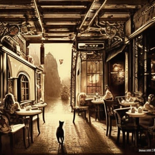 Black and White Cartoon Kitten in Cafe