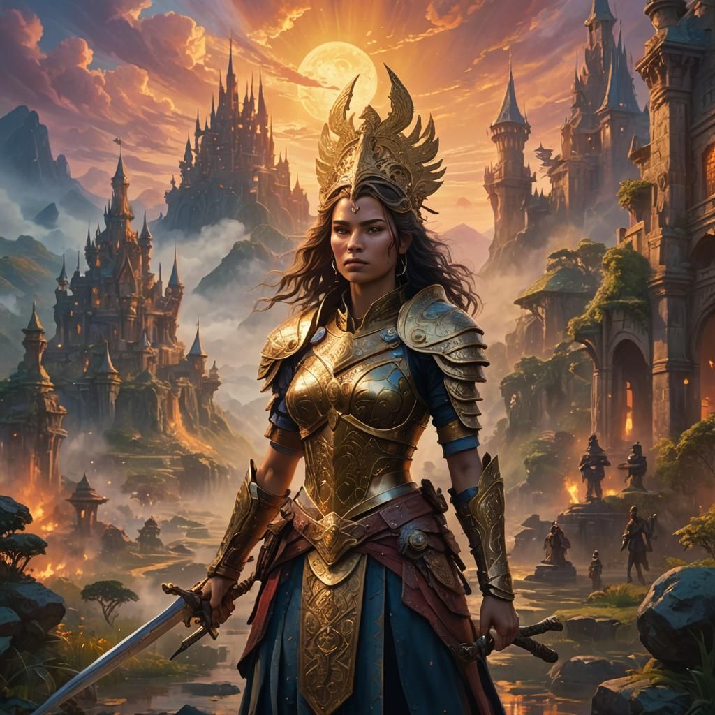 Warrior Woman in Enchanted Kingdom: Neo-Impressionist Painti...