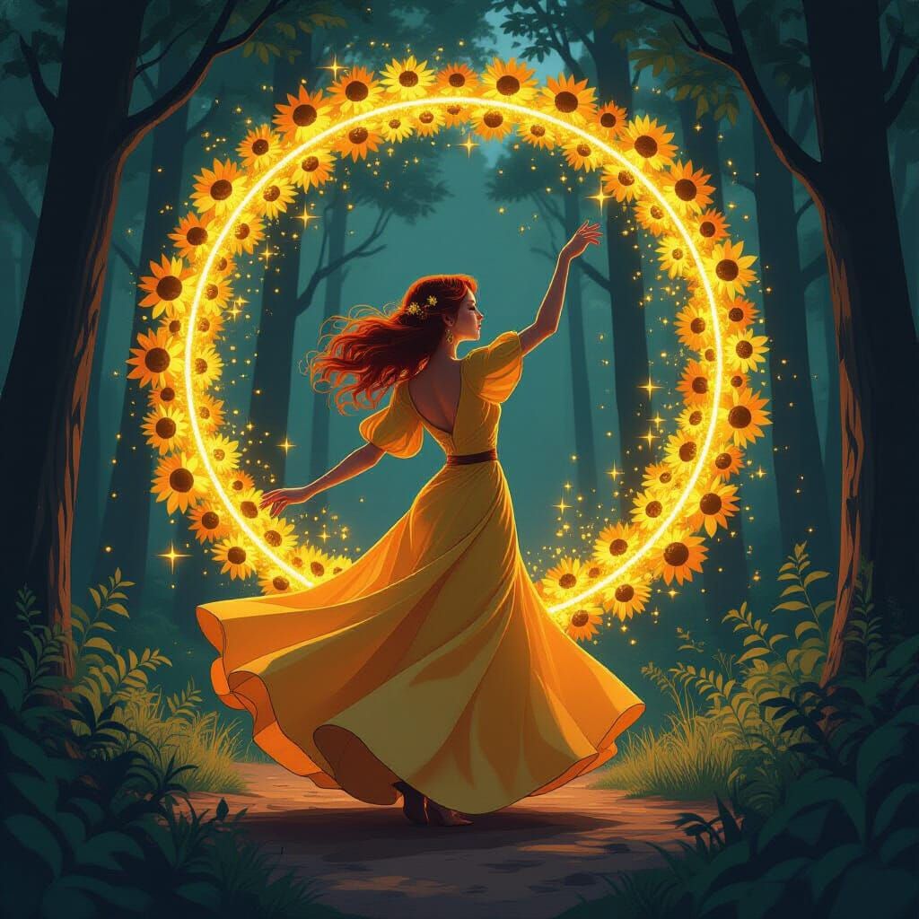 Woman Dancing in Forest with Golden Sunflowers