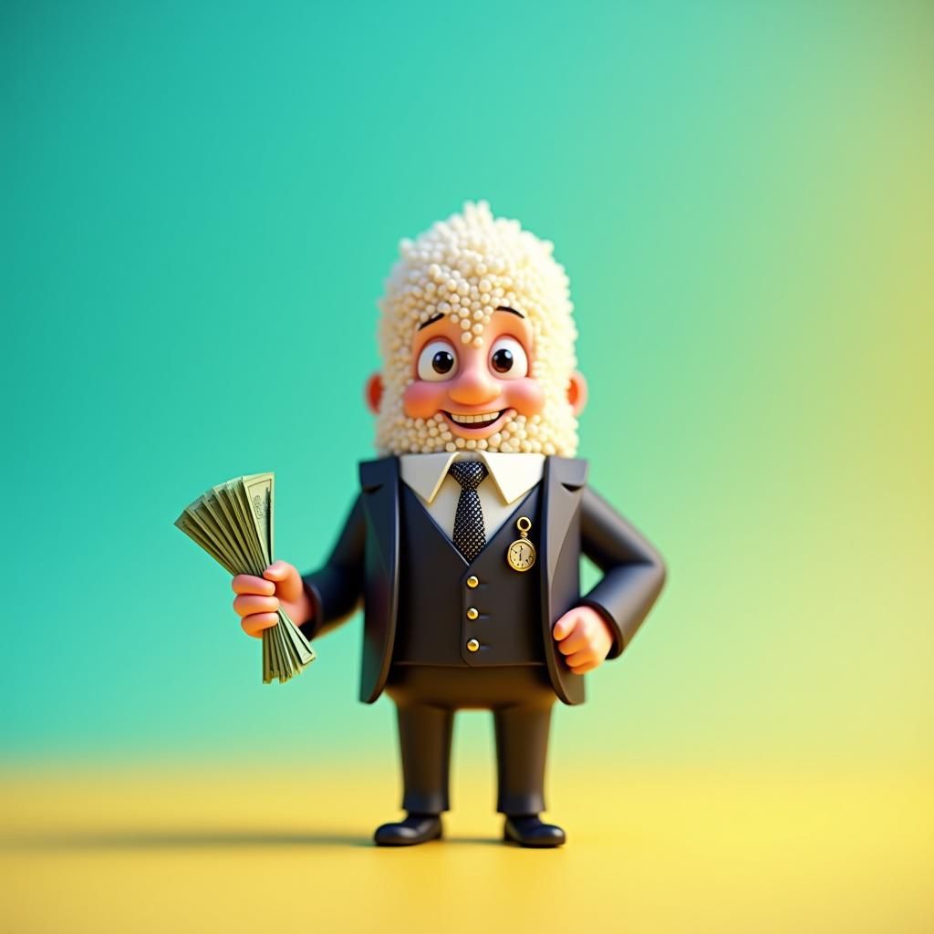 Anthropomorphic Sushi Rice in Suit Holding Cash
