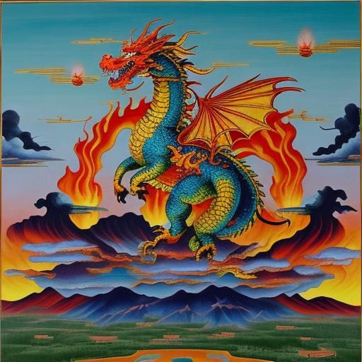 Fiery Chinese Dragon Fireworks in Surreal Cityscape