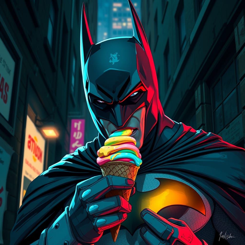 Batman Enjoys Ice Cream in Neon Gotham Alley