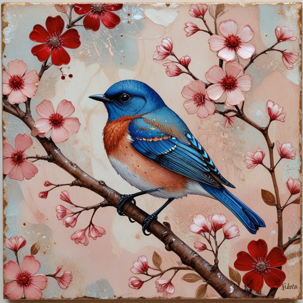 Blue Bird on Branch in Surreal Mixed Media Collage