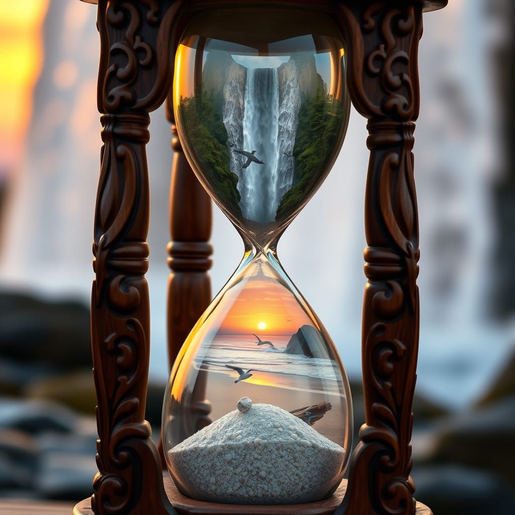 Dreamy Wooden Hourglass with Sunset Waterfall Scene