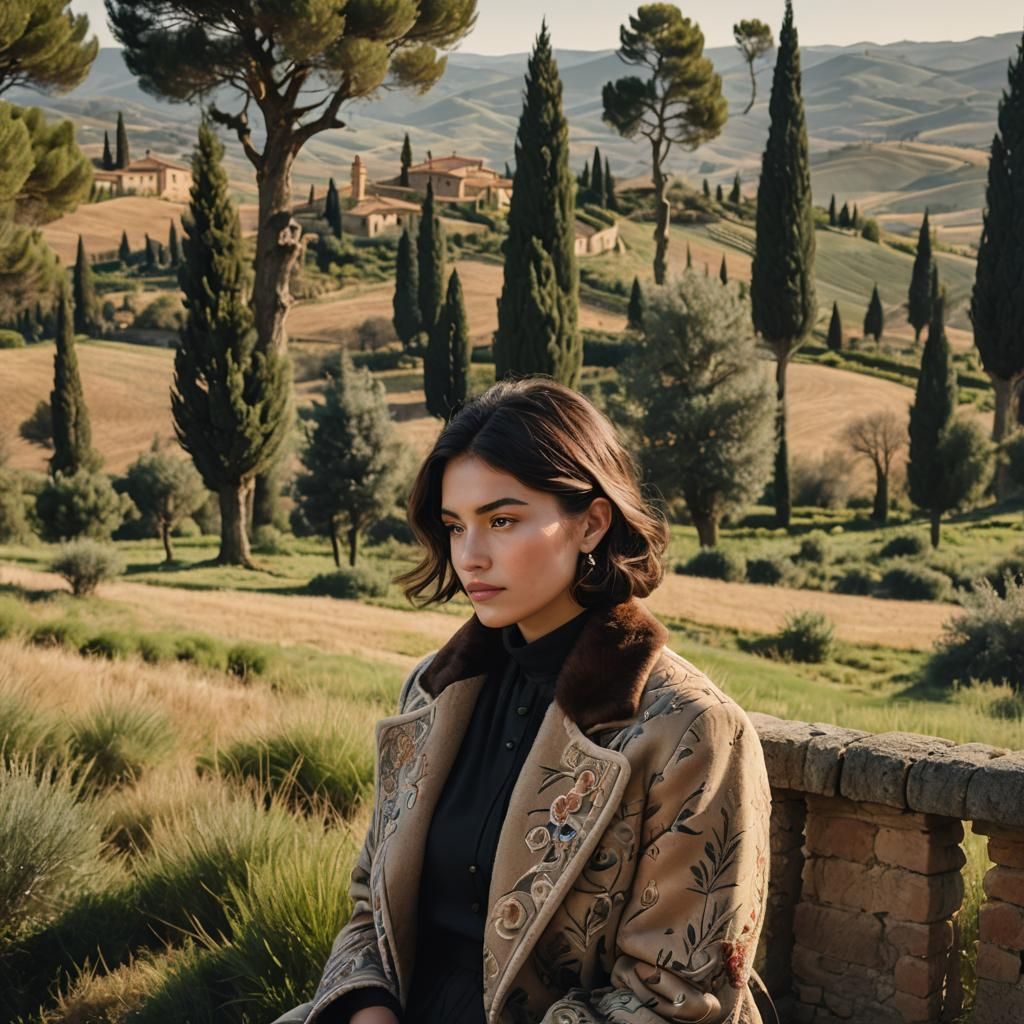 Photorealistic Portrait of Woman in Tuscan Landscape