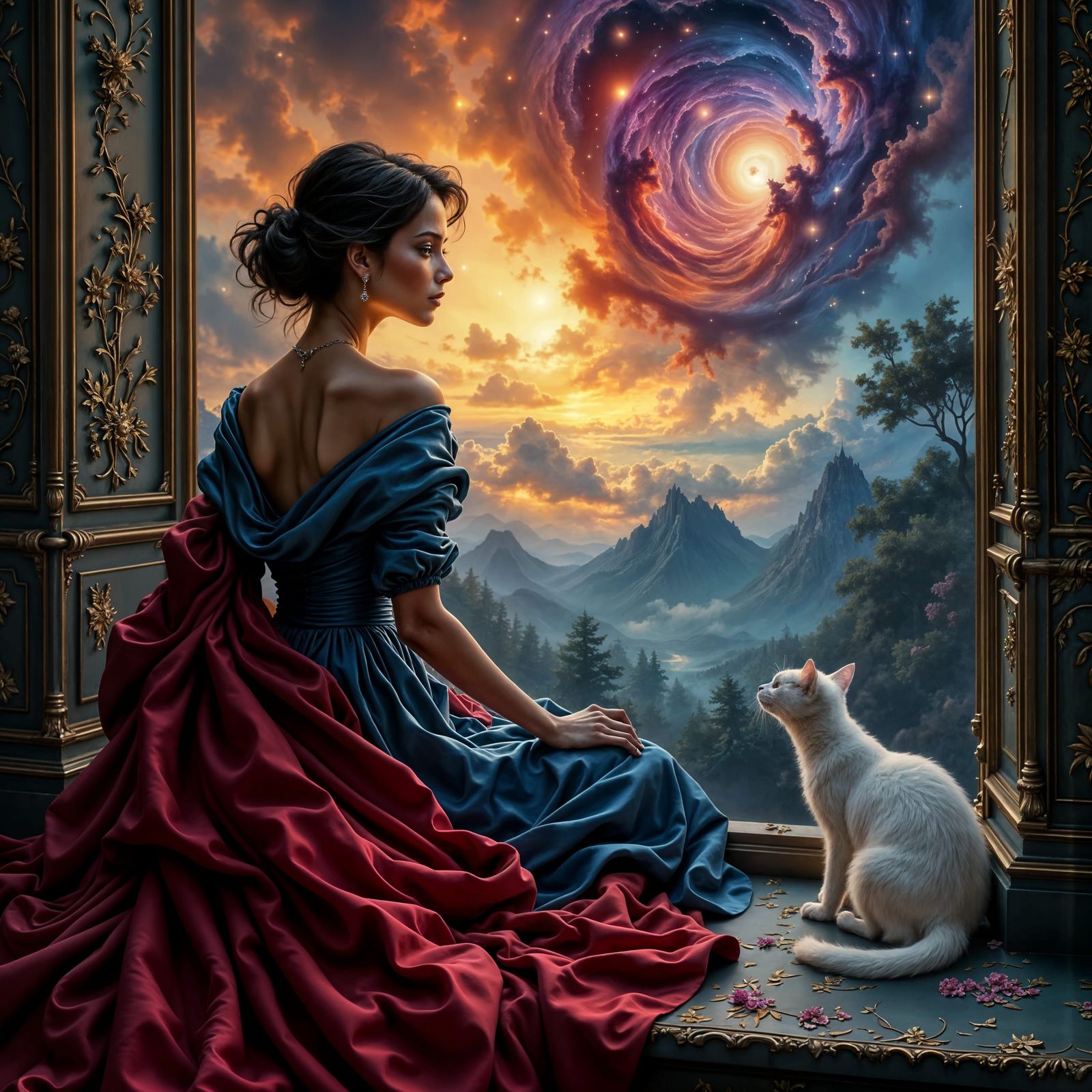 Baroque Woman Contemplates Nebula With Cat