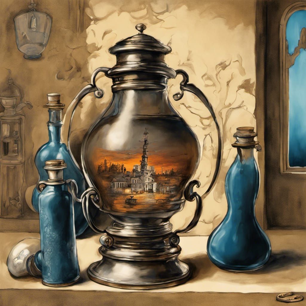 Genie inside a bottle looking out Guido Borelli Canaletto film noir art Nouveau romanticism neo-primitivism volumetric l...