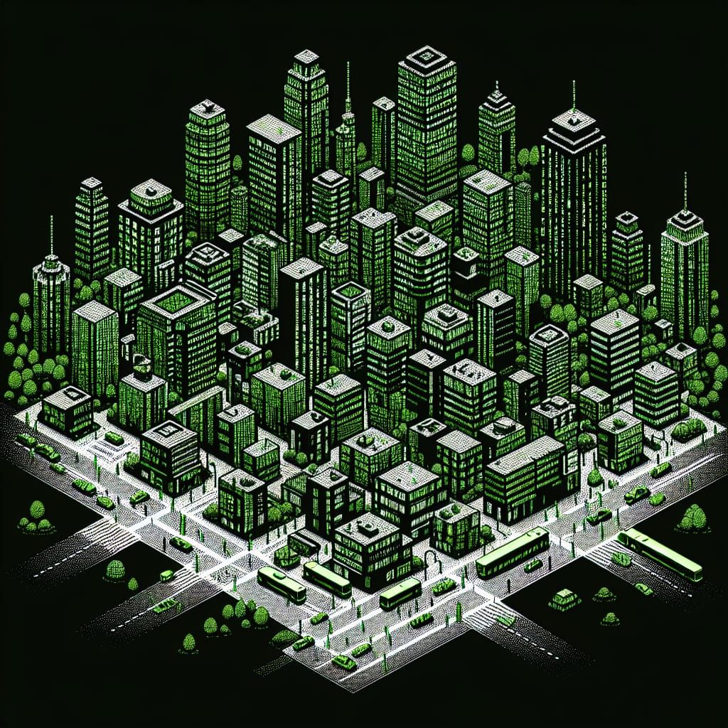 Binary Cityscape Constructed from Green Code