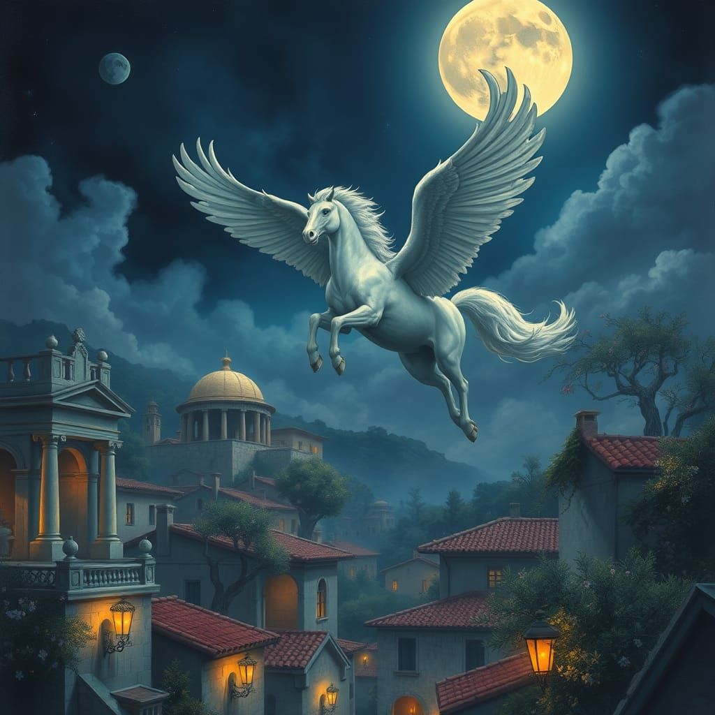 Majestic Pegasus Soars Over Ancient Greek Village at Night i...