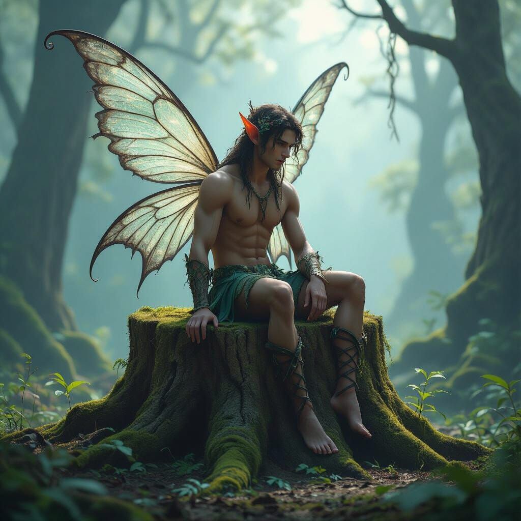 Hyper Realistic Male Fairy on Mossy Stump in Misty Forest