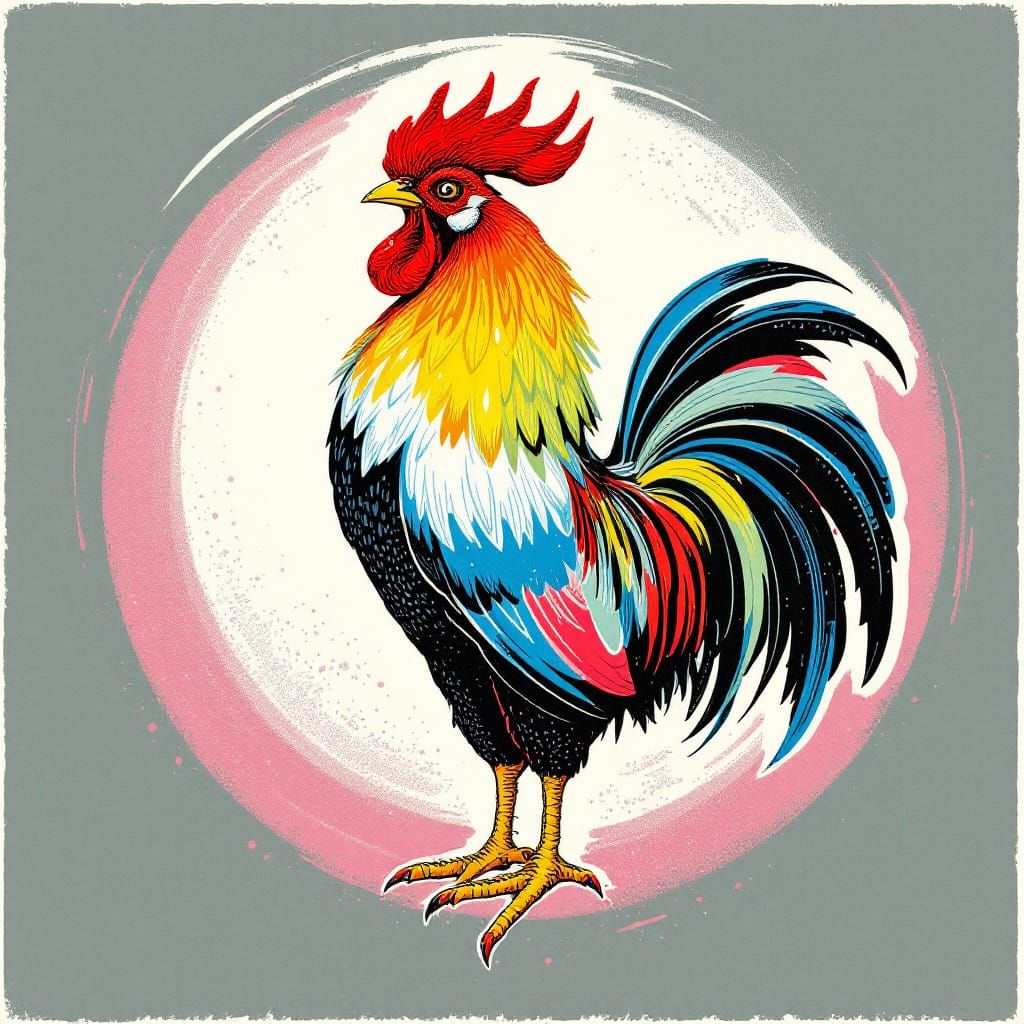 Radiant Fire Rooster in Risograph Style
