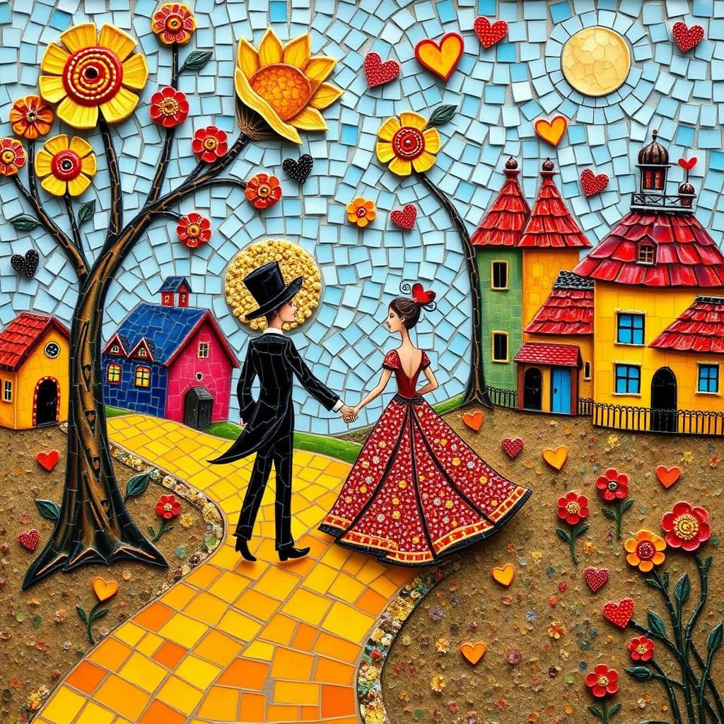Romantic Mosaic Scene with Whimsical Couple