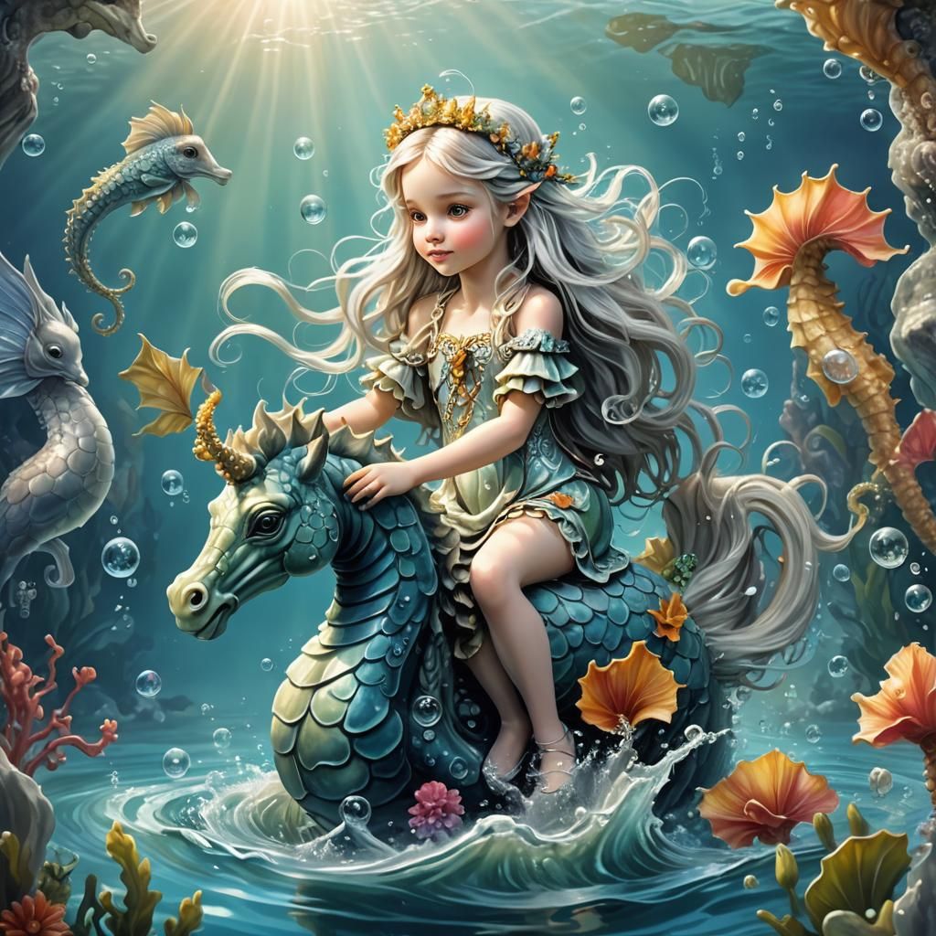Charming Fairy Riding Seahorse in Airbrush Illustration