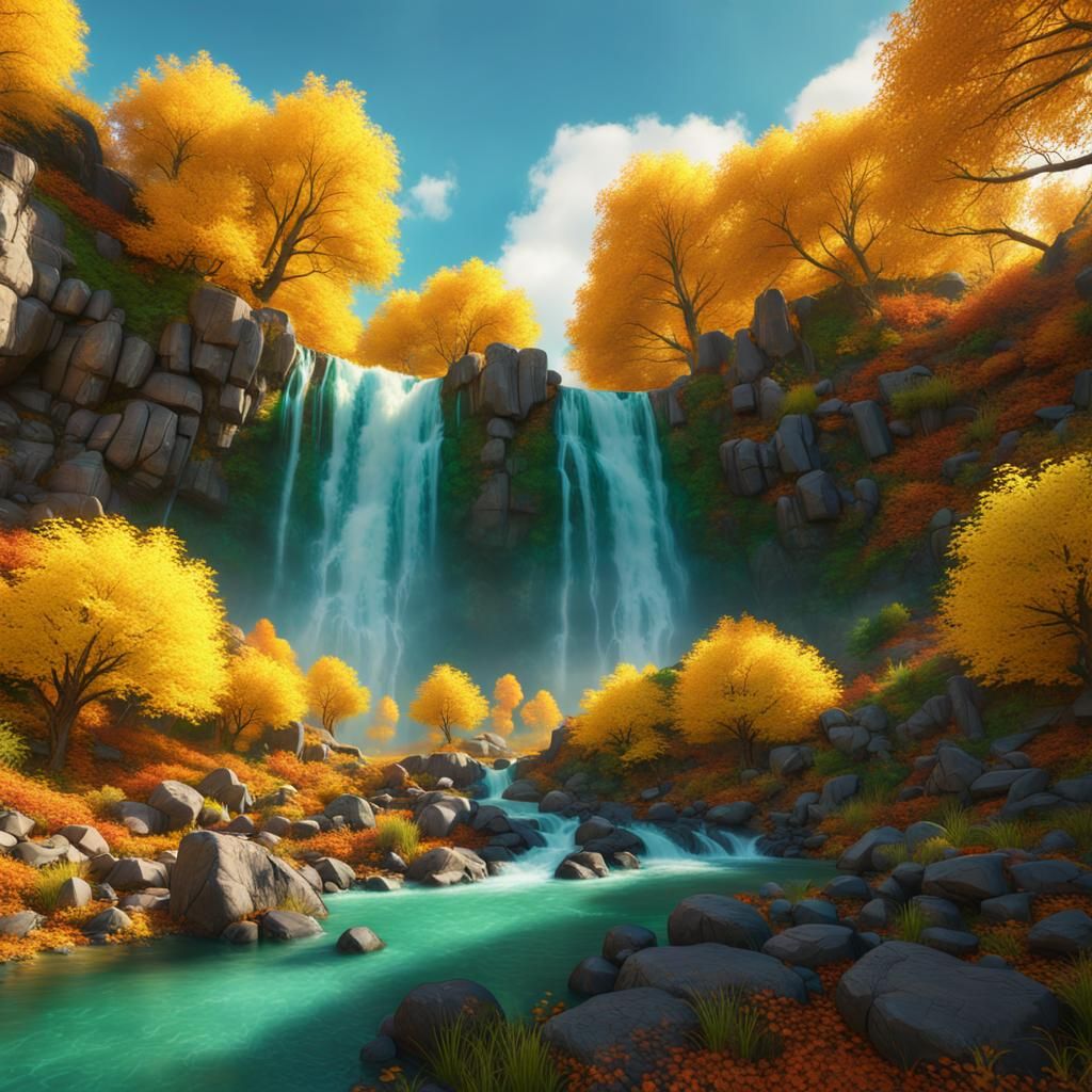 Emerald Waterfall Cascades in Autumnal Forest, 8K