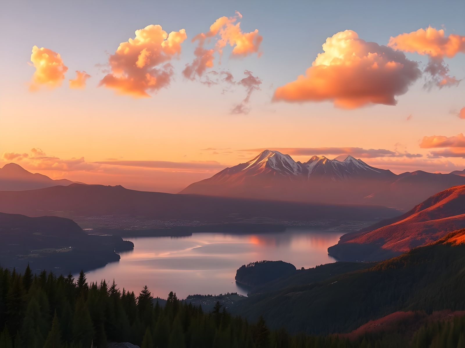 Ethereal Evening Landscape with Majestic Mountains and Tranq...