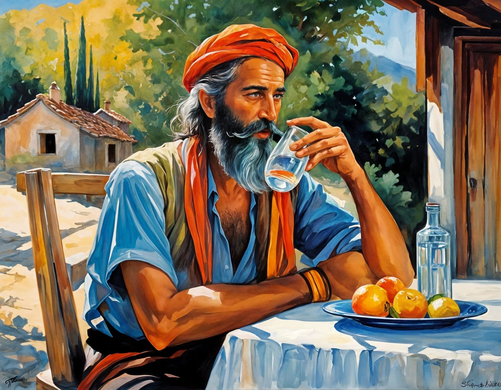 Bohemian Man Drinking Ouzo in Greek Village