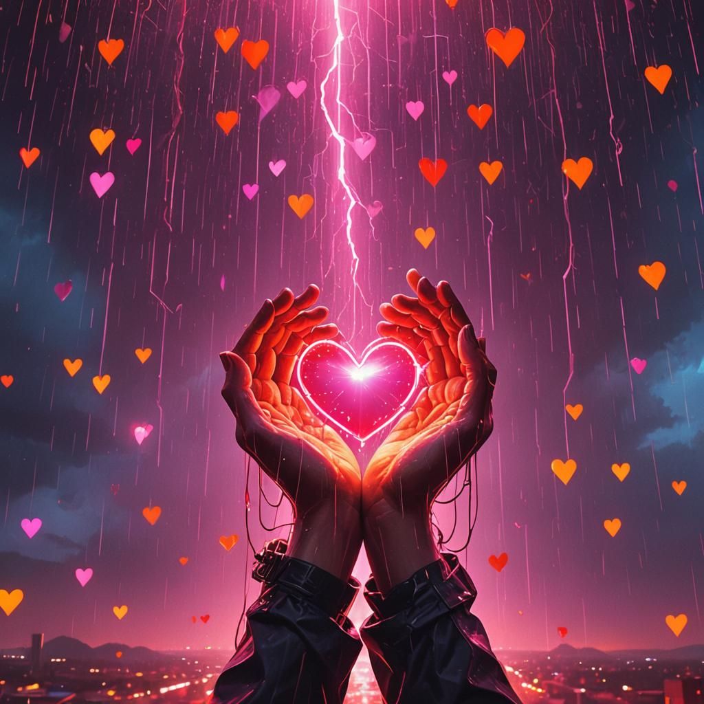 Embracing God: Hearts Rain in Synthwave Neon Style