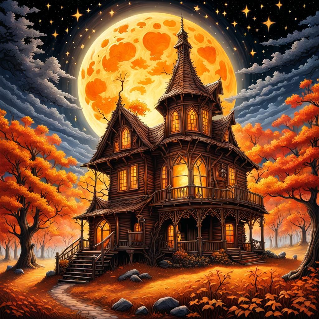 Gothic Autumn Cabin Under Harvest Moon
