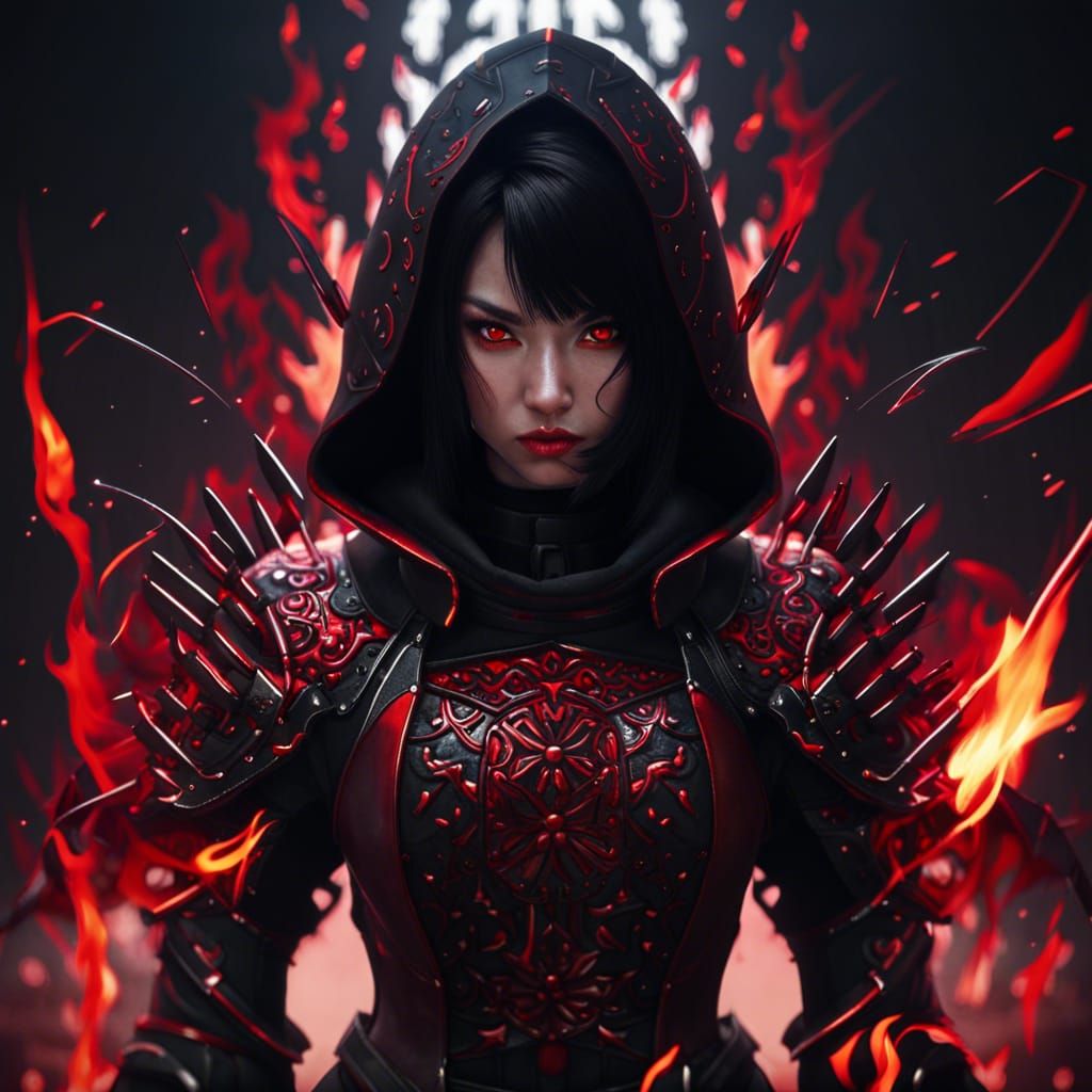 Japanese Sith Girl in Metallic Armor with Fiery Backdrop
