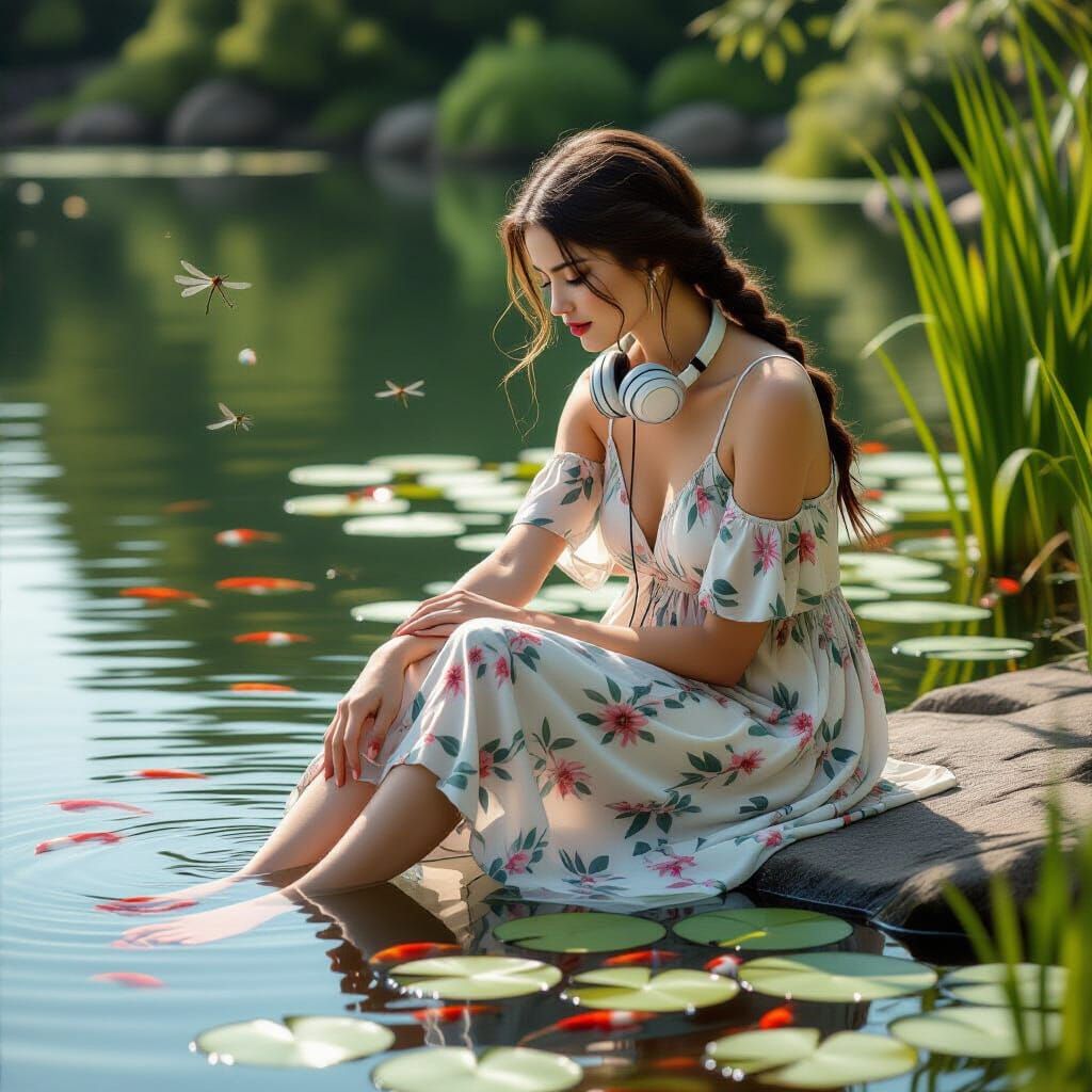 Woman by Pond with Koi, Digital Matte Painting