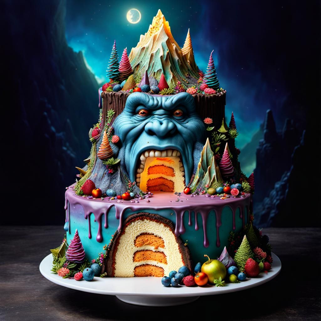 Mountain Troll Birthday Cake Slice: Fantasycore Art