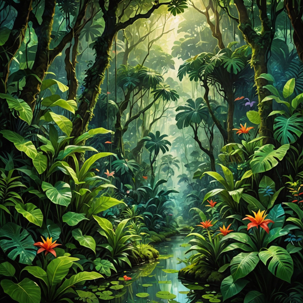 Impressionistic Jungle Scene with Magical Elements