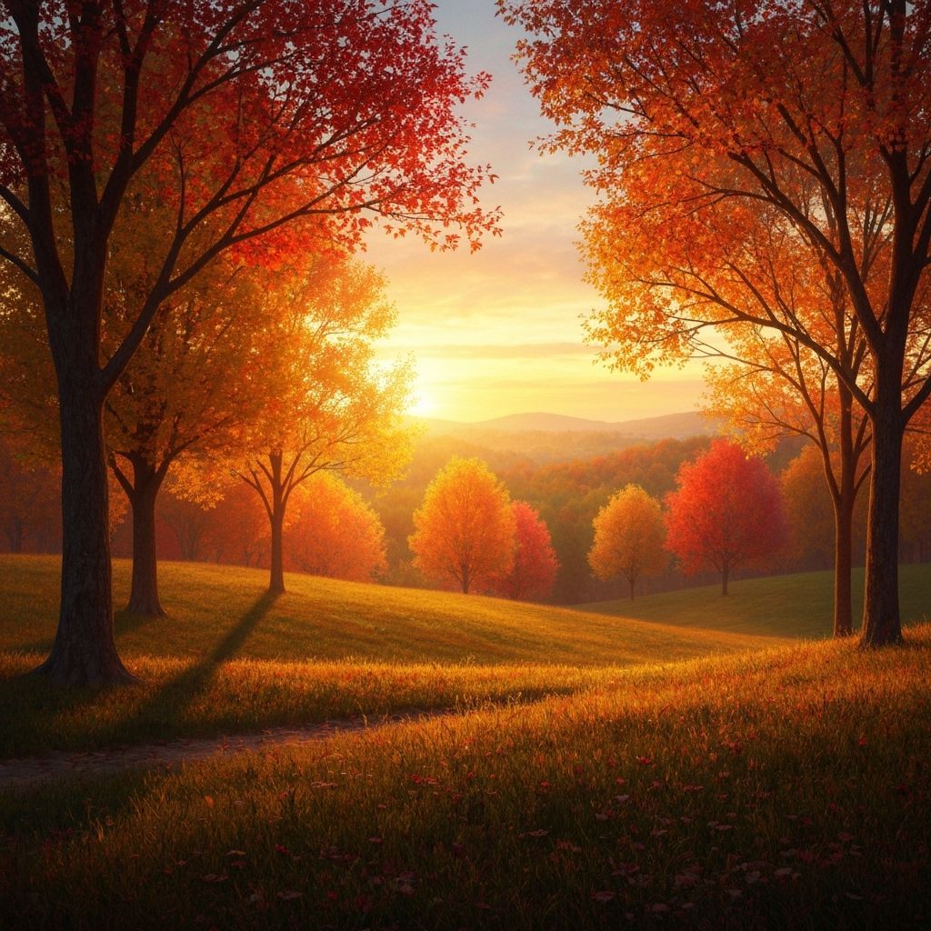 Autumn Sunset Landscape with Golden Light and Vibrant Foliag...