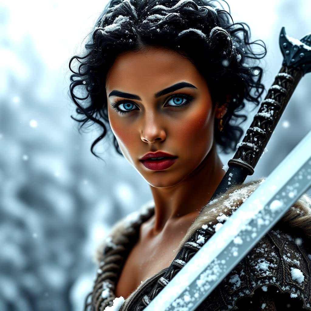 Barbarian Woman with Claymore in Snowy Forest