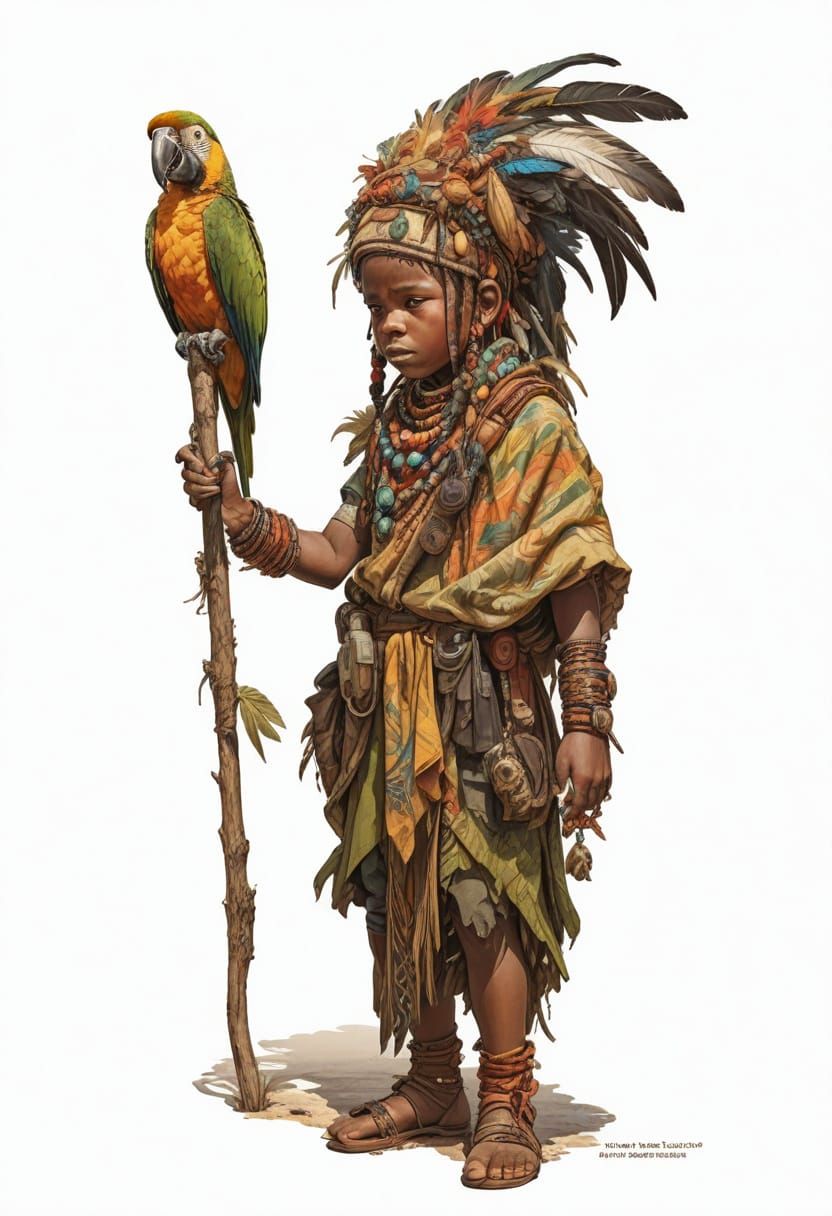 Child in Zulu Warrior Disguise with Pet Parrot in Vibrant Sa...