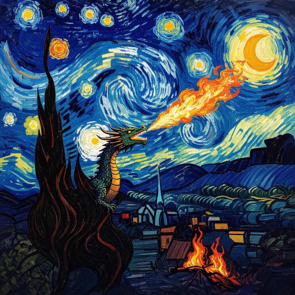 Dragon's Fiery Stars Recreate Van Gogh's Starry Night