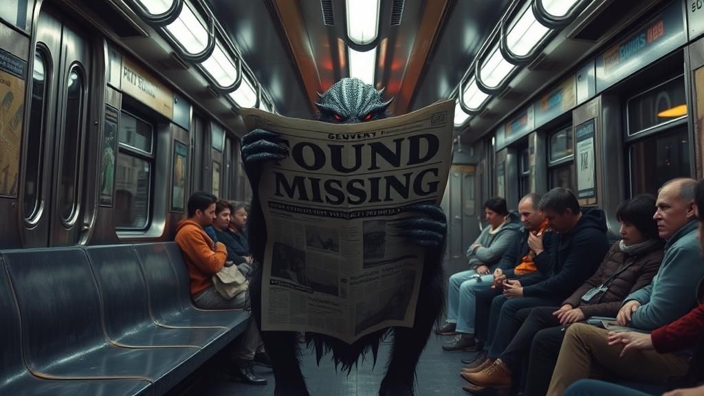 Monster Reads Newspaper on Subway in Dreamlike Style