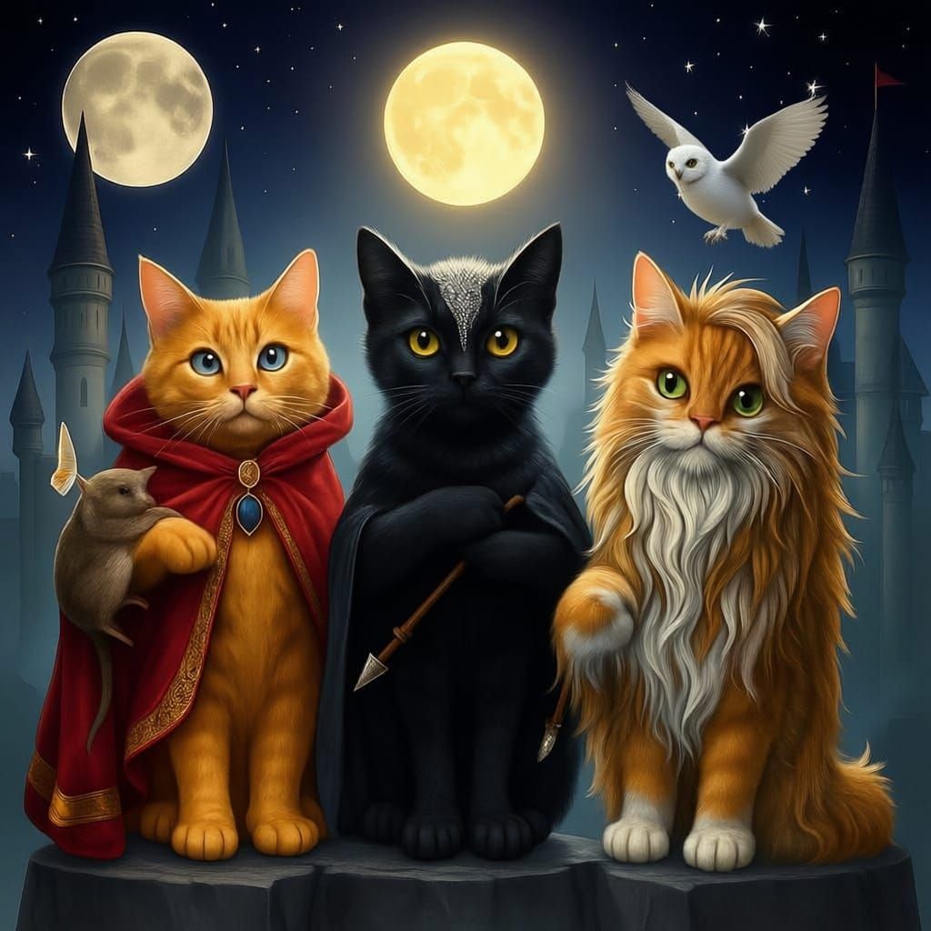Anthropomorphic Cats Under Moonlight in Digital Painting