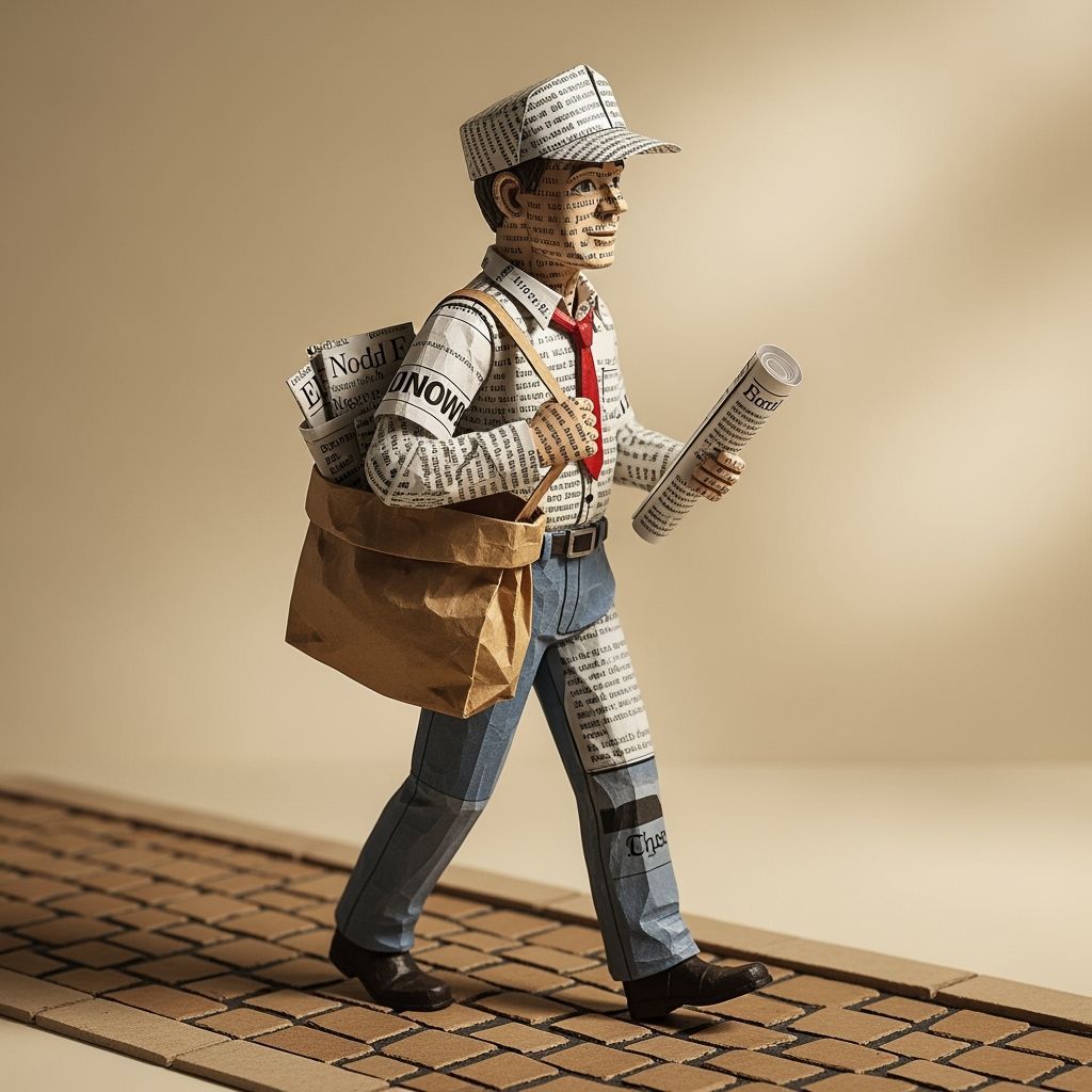 Paperboy Sculpture Crafted from Newspaper, Handmade Style