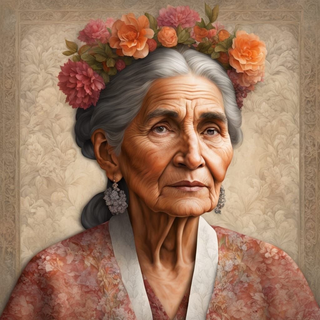Elderly Mexican Woman Portrait with Floral Hair