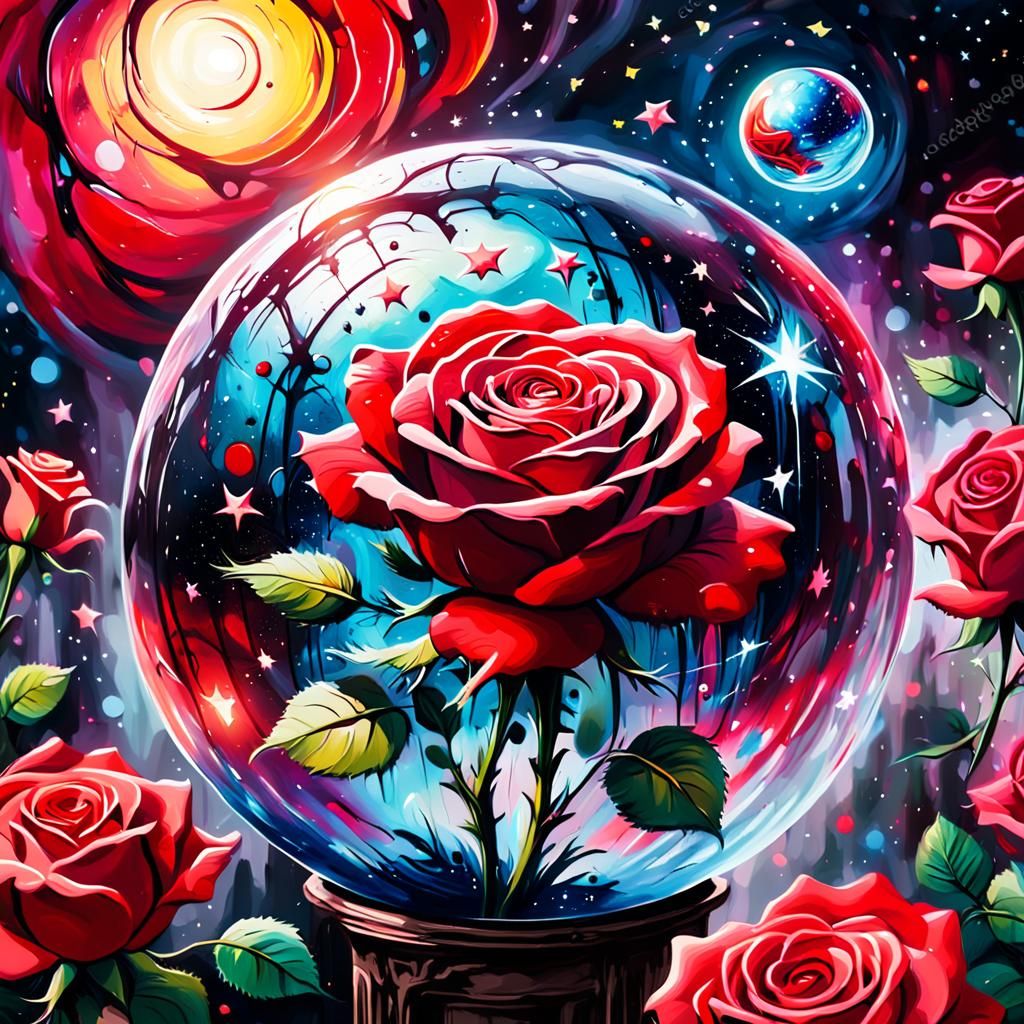 Red Rose in Magical Orb, Vibrant Graffiti Art