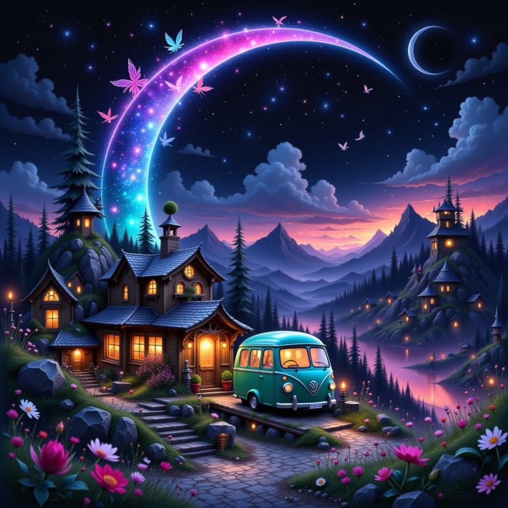 Miniature Village in Ornate Crescent Moon