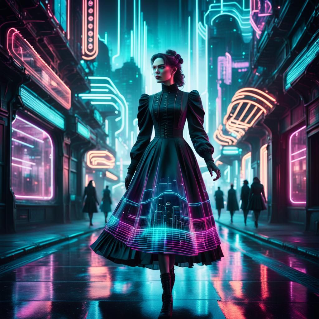 Victorian Girl in a Neon Cyberpunk City