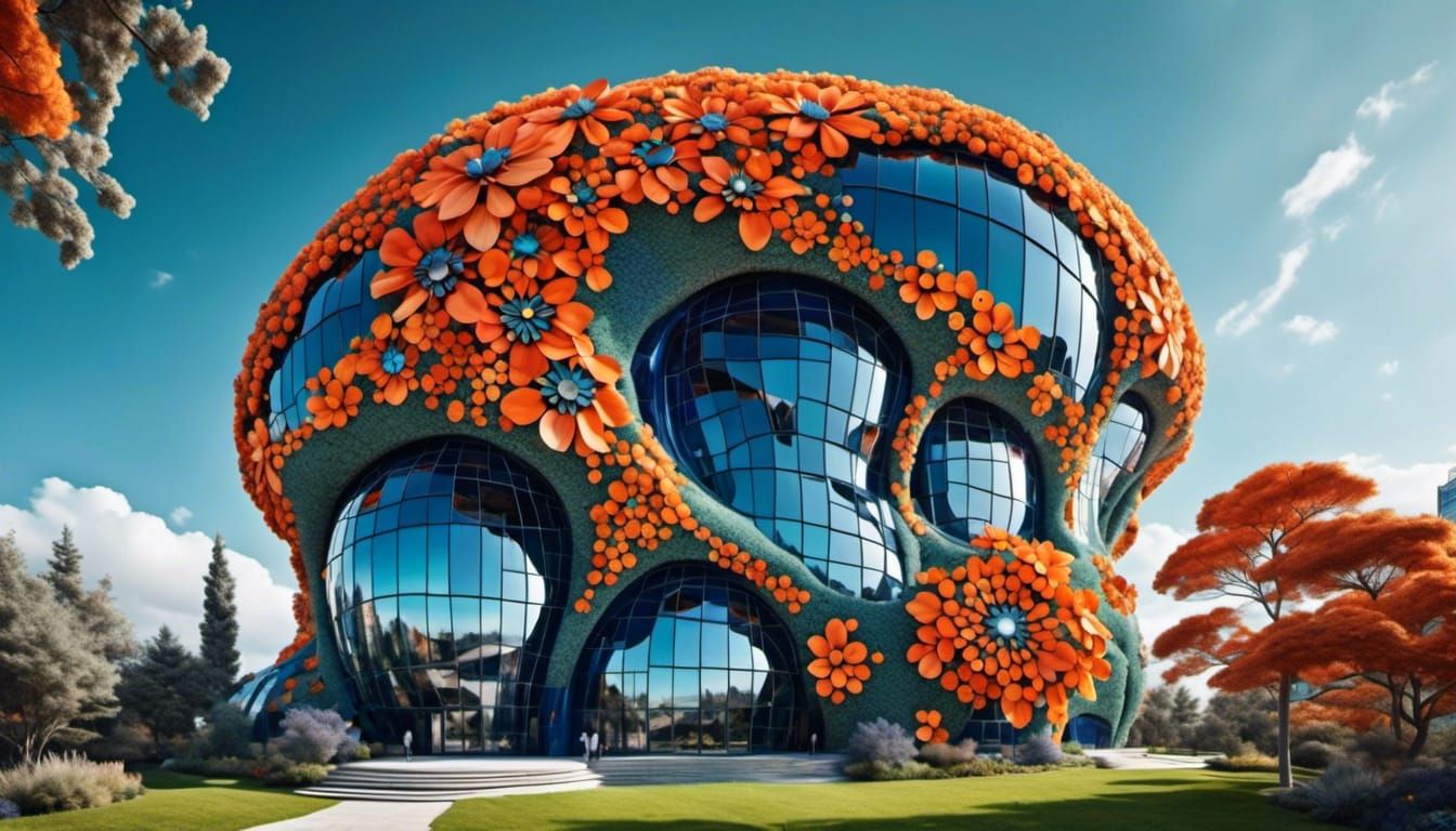 Futuristic Flower Building in Cosmic Pink, 3D Render