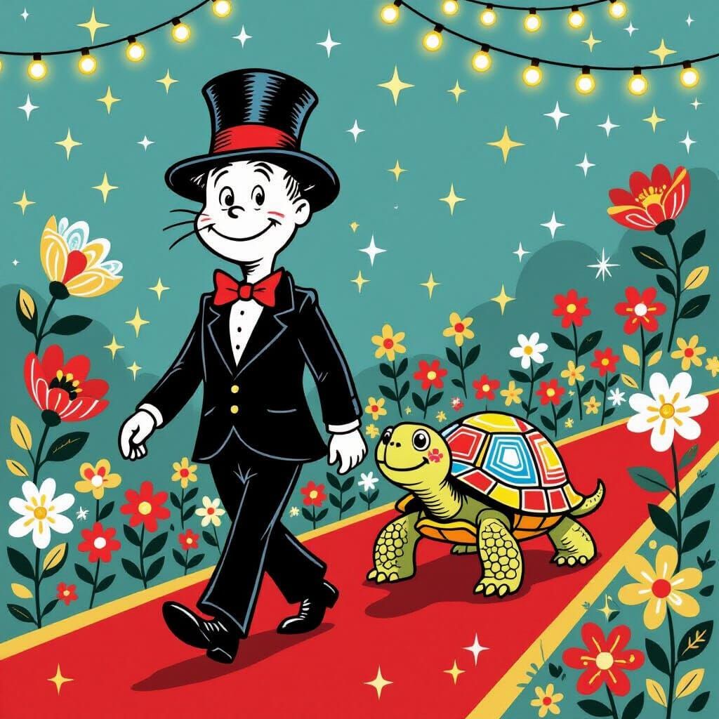 Whimsical Dr. Seuss Character on Red Carpet in Cross-Hatchin...