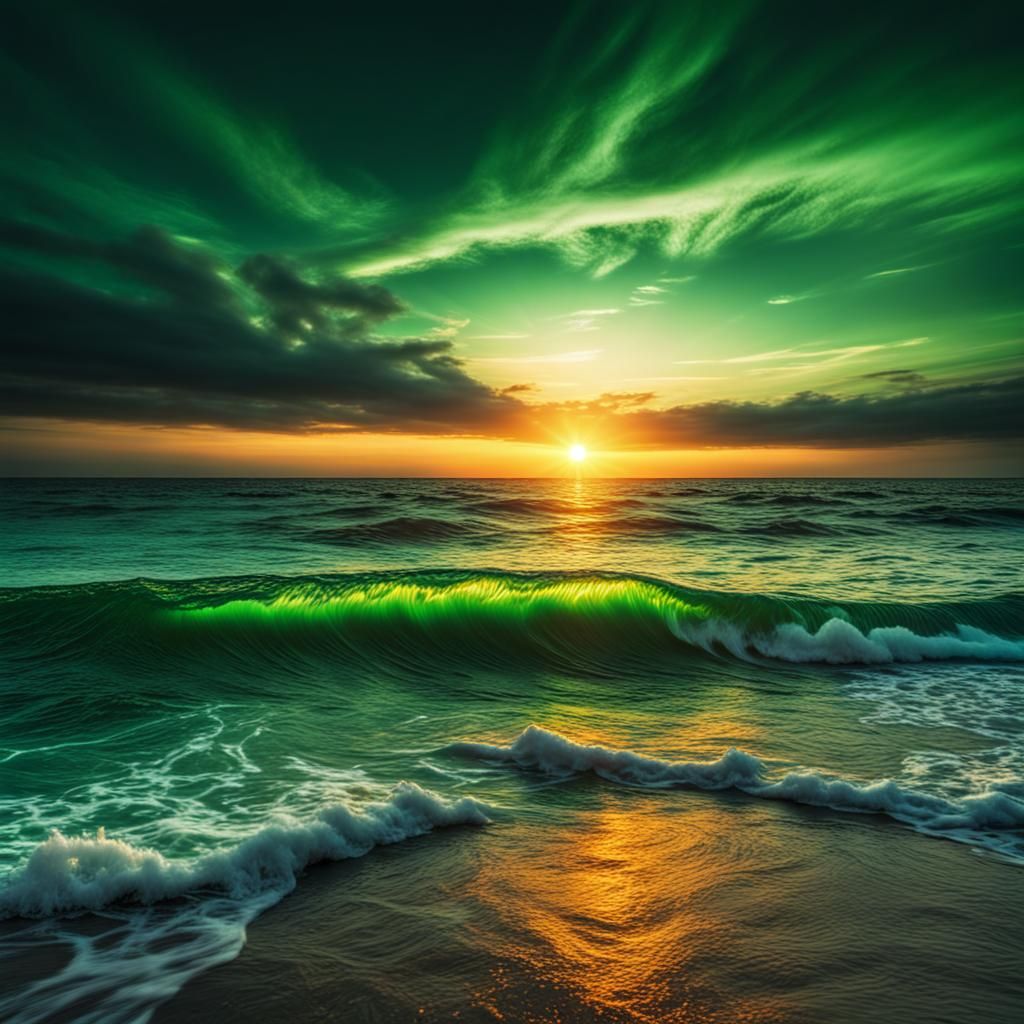 Hyperrealistic Sunset Over Sea with Green Light