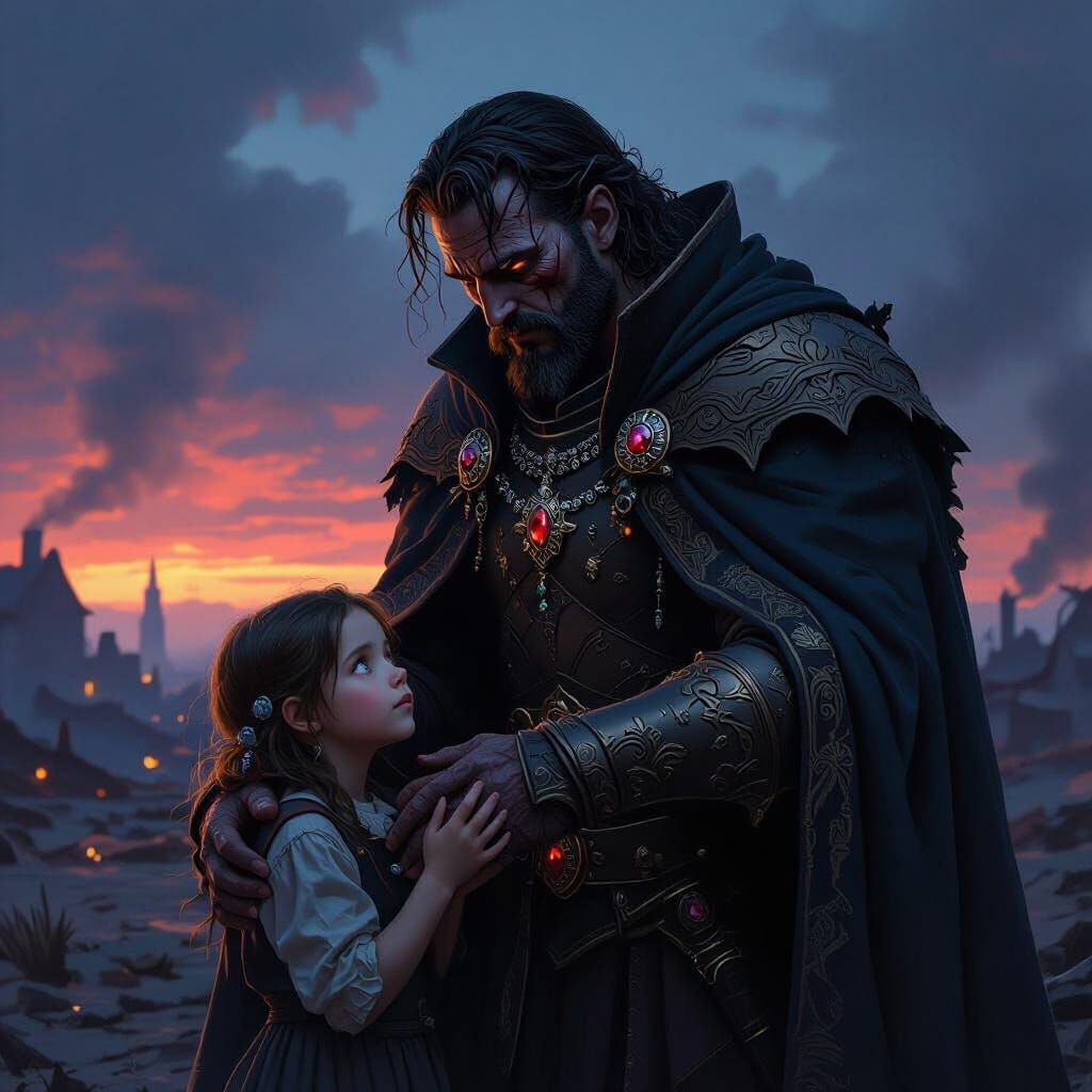 Hero Gives Gem Cloak to Girl in War-Torn Landscape