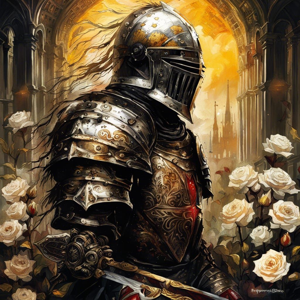 Gothic Knight Templar in a Bloody Rose Field