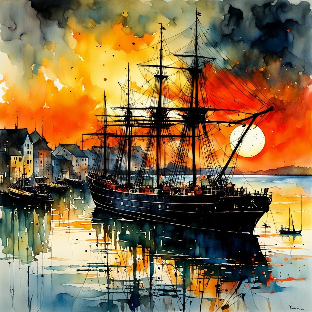 Ancient Ship at Sunset Watercolor Painting