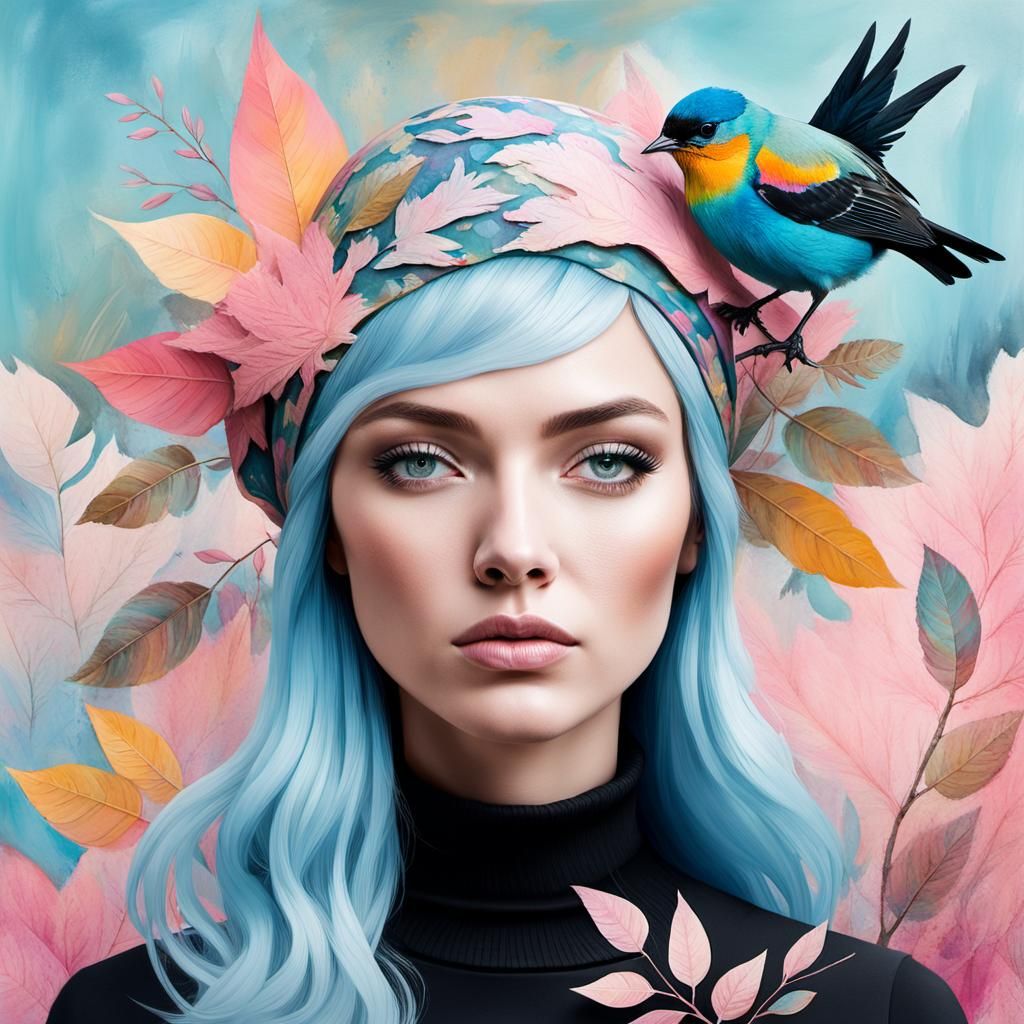 Folksy Portrait with Bird and Cloud, Detailed Matte Painting