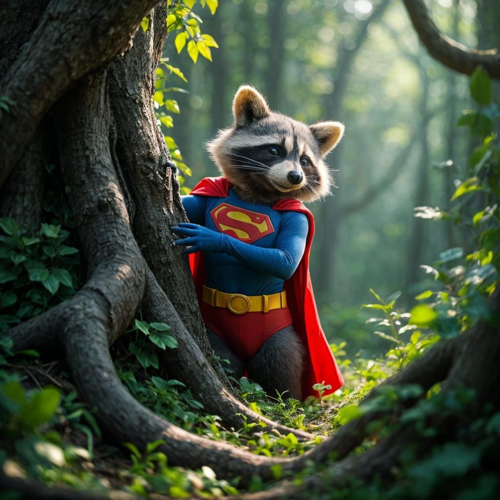 Whimsical Raccoon in Superman Costume in Forest