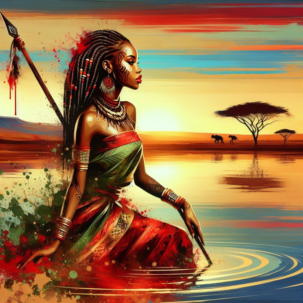 Abstract African Warrior Woman at Sunset