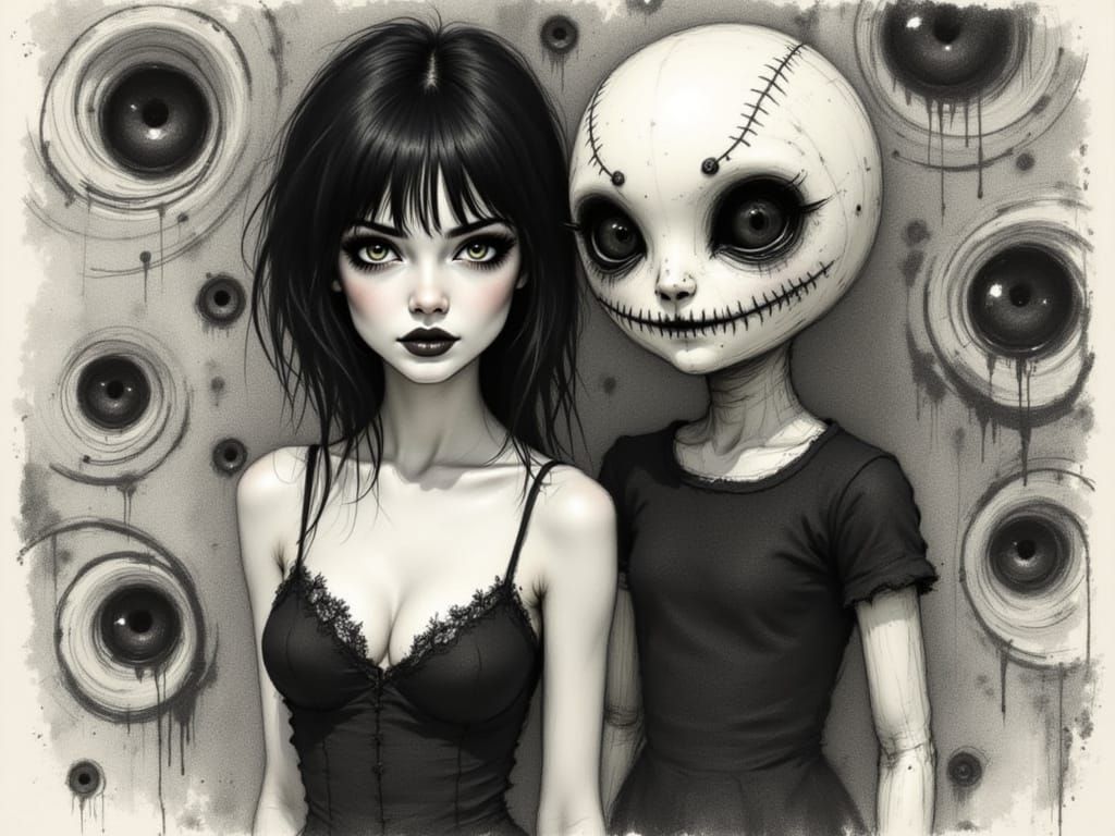 Gothic Woman and Creepy Doll in Charcoal Sketch