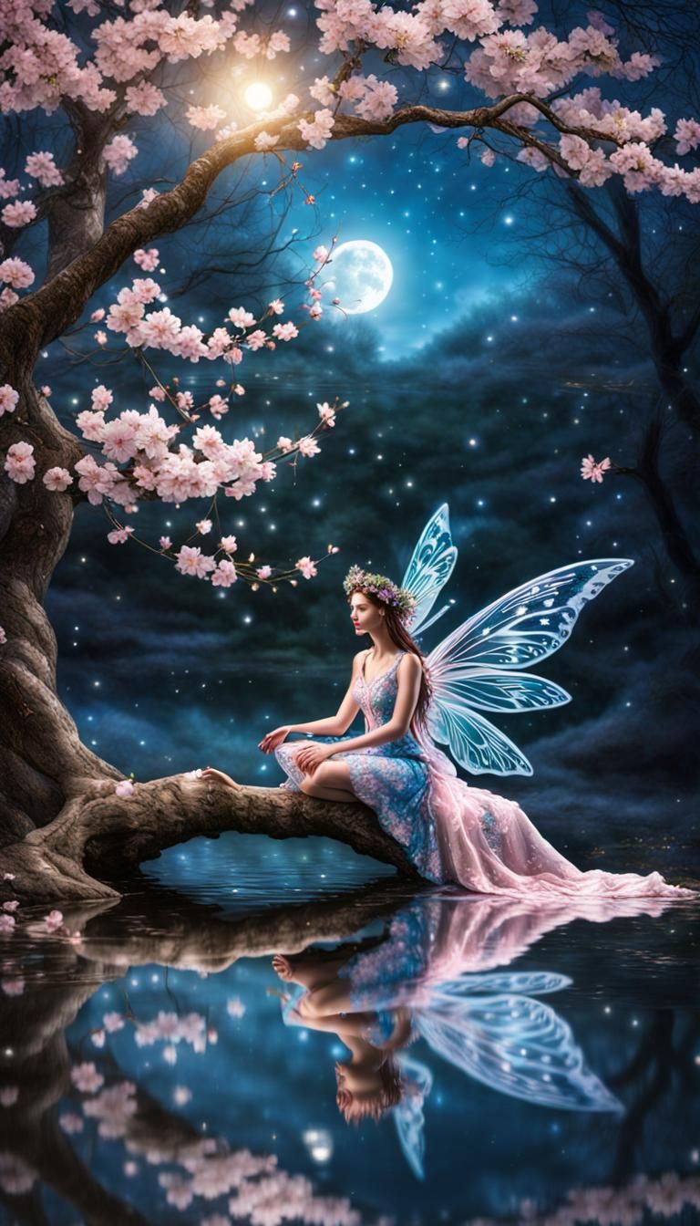 Spring Fairy with Cherry Blossoms and Moonlight